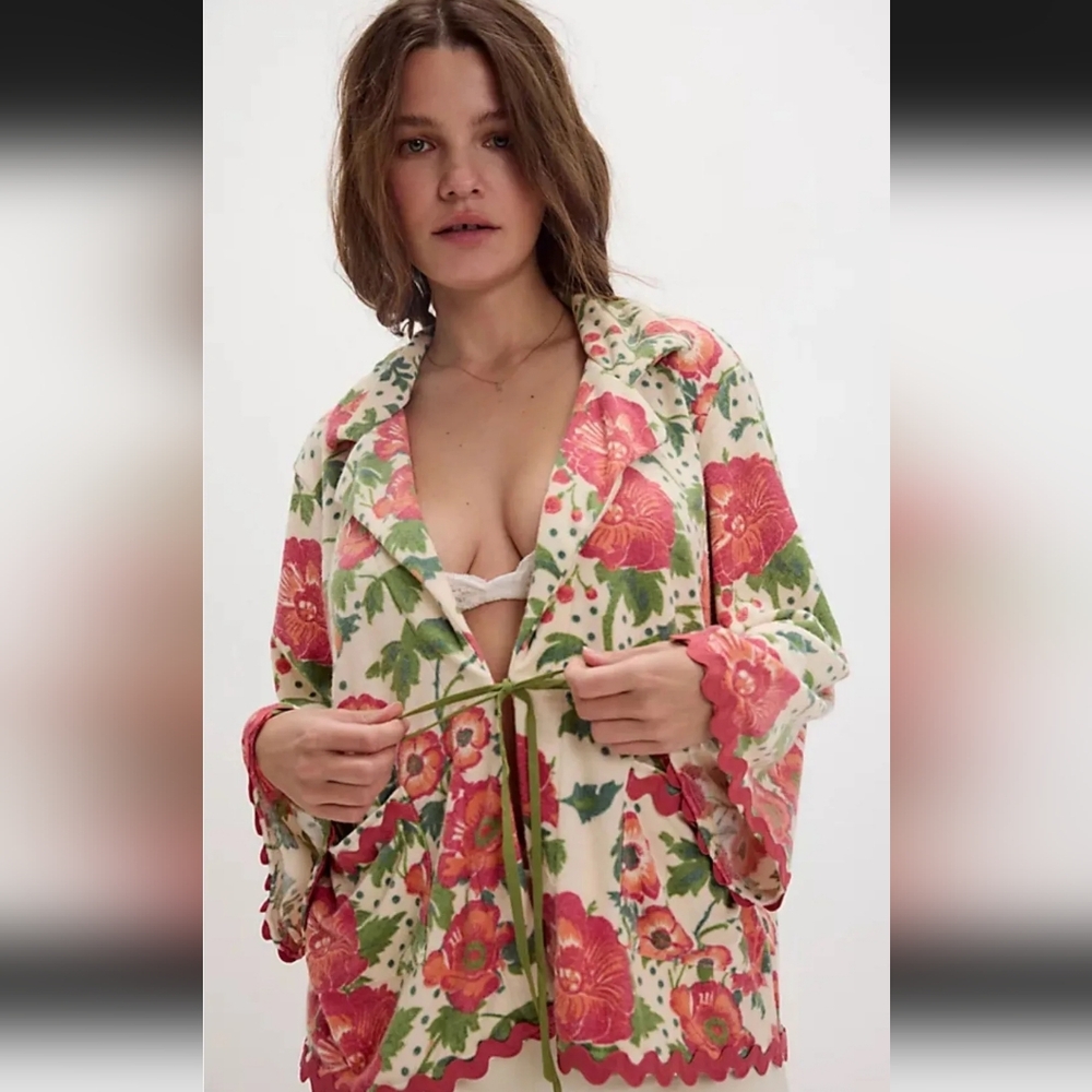 Free People Floral Tie-Waist Robe in Cream with Pink & Green-Bali Wake Up Call